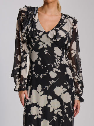Ruffle V Neck Long Sleeve Mesh Midaxi Dress, Black Floral