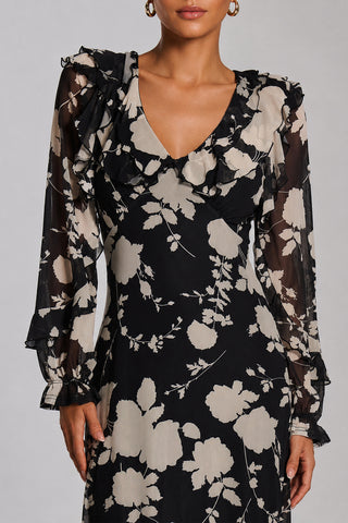 Ruffle V Neck Long Sleeve Mesh Midaxi Dress, Black Floral