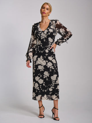 Ruffle V Neck Long Sleeve Mesh Midaxi Dress, Black Floral