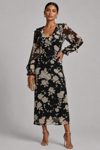 Ruffle V Neck Long Sleeve Mesh Midaxi Dress, Black Floral