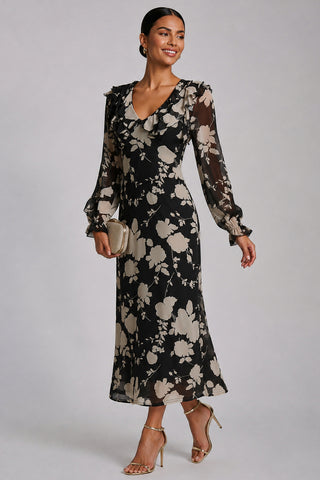 Ruffle V Neck Long Sleeve Mesh Midaxi Dress, Black Floral