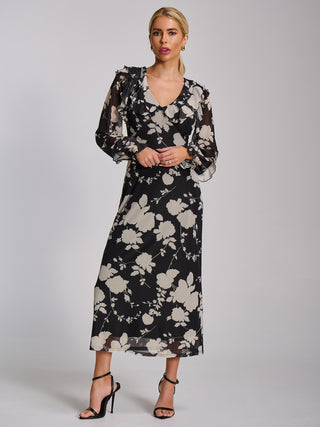 Ruffle V Neck Long Sleeve Mesh Midaxi Dress, Black Floral