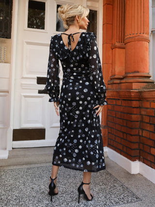 Ruffle V Neck Long Sleeve Mesh Midaxi Dress, Black Polka Dots