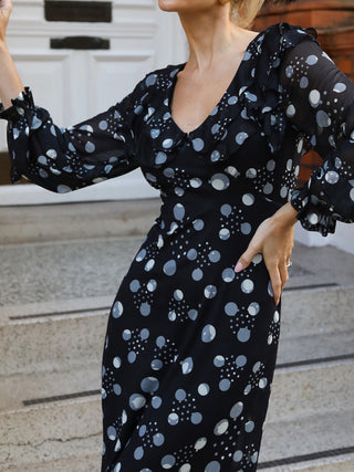 Ruffle V Neck Long Sleeve Mesh Midaxi Dress, Black Polka Dots