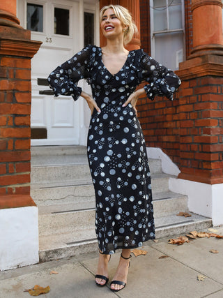Ruffle V Neck Long Sleeve Mesh Midaxi Dress, Black Polka Dots