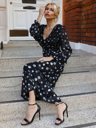 Ruffle V Neck Long Sleeve Mesh Midaxi Dress, Black Polka Dots