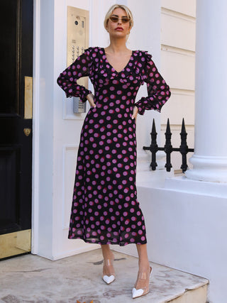 Ruffle V Neck Long Sleeve Mesh Midaxi Dress, Fuchsia Polka Dot