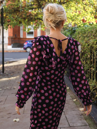 Ruffle V Neck Long Sleeve Mesh Midaxi Dress, Fuchsia Polka Dot