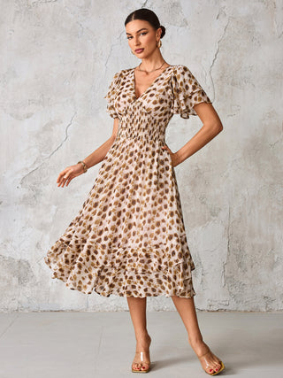 Frill Hem Chiffon Midi Dress, Brown Animal