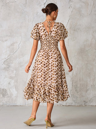 Frill Hem Chiffon Midi Dress, Brown Animal