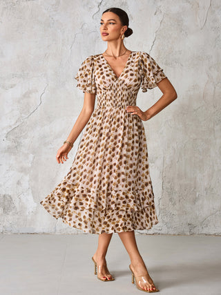 Frill Hem Chiffon Midi Dress, Brown Animal