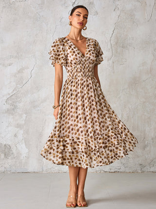Frill Hem Chiffon Midi Dress, Brown Animal