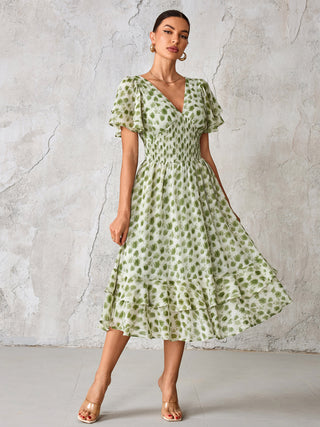 Frill Hem Chiffon Midi Dress, Green Animal