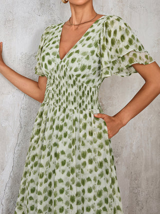 Frill Hem Chiffon Midi Dress, Green Animal