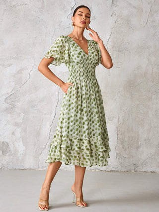 Frill Hem Chiffon Midi Dress, Green Animal