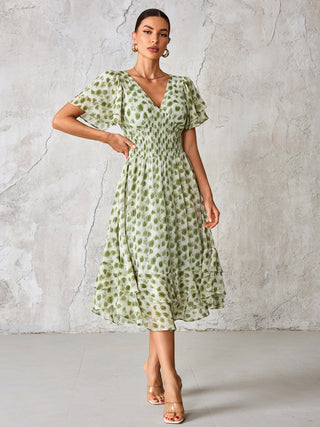 Frill Hem Chiffon Midi Dress, Green Animal