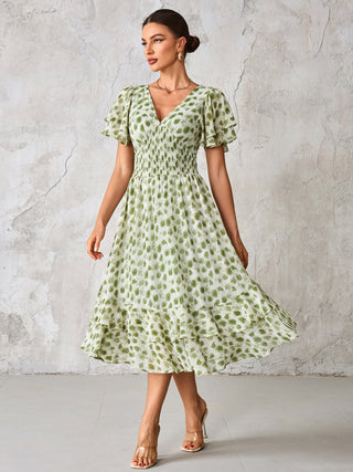 Frill Hem Chiffon Midi Dress, Green Animal