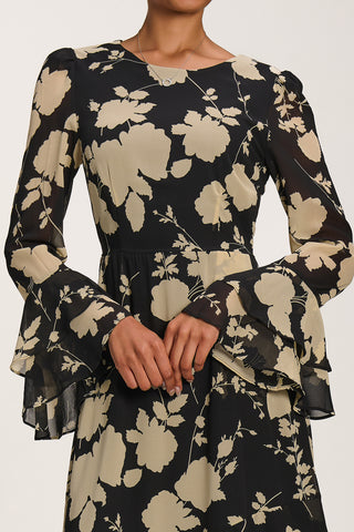 Long Sleeve Frill Chiffon Midaxi Dress Black Floral