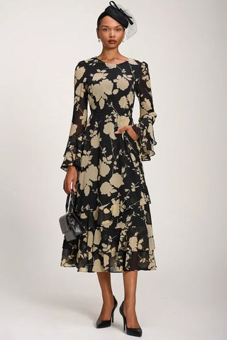 Long Sleeve Frill Chiffon Midaxi Dress Black Floral