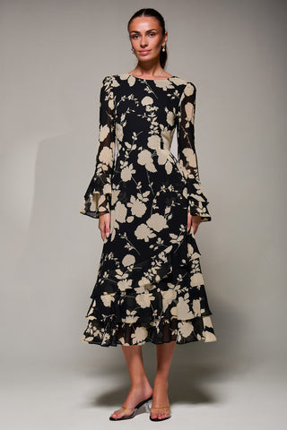 Long Sleeve Frill Chiffon Midaxi Dress Black Floral