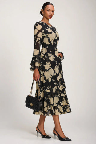 Long Sleeve Frill Chiffon Midaxi Dress Black Floral
