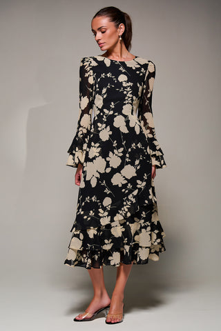 Long Sleeve Frill Chiffon Midaxi Dress Black Floral