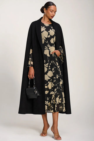 Long Sleeve Frill Chiffon Midaxi Dress Black Floral