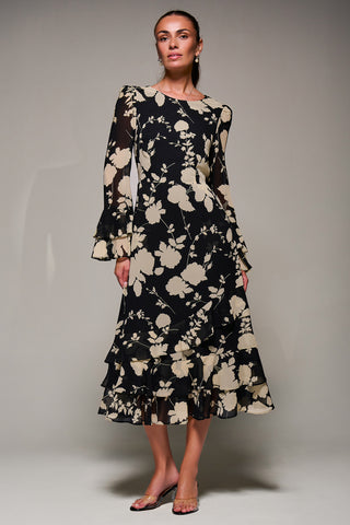 Long Sleeve Frill Chiffon Midaxi Dress Black Floral