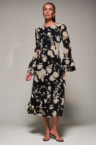 Long Sleeve Frill Chiffon Midaxi Dress Black Floral