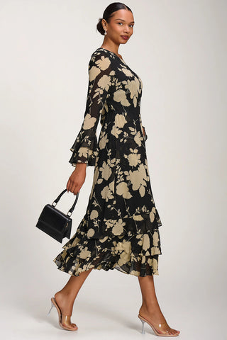 Long Sleeve Frill Chiffon Midaxi Dress Black Floral