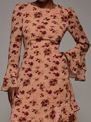 Long Sleeve Frill Chiffon Midaxi Dress Coral Floral