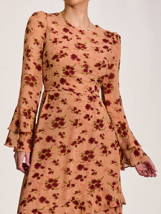 Long Sleeve Frill Chiffon Midaxi Dress Coral Floral