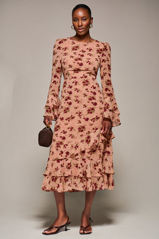 Long Sleeve Frill Chiffon Midaxi Dress Coral Floral