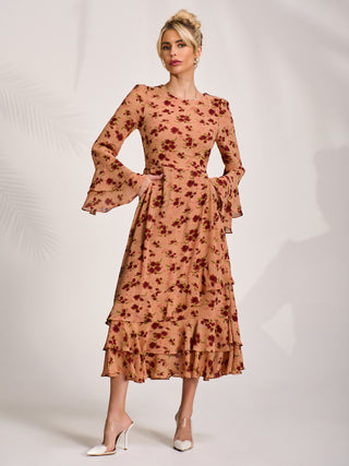 Long Sleeve Frill Chiffon Midaxi Dress Coral Floral