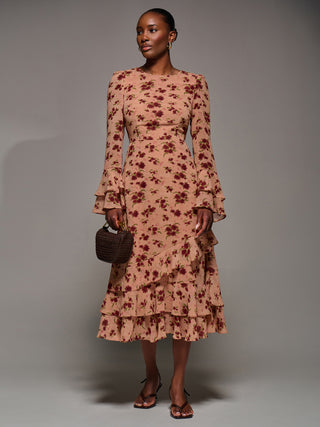 Long Sleeve Frill Chiffon Midaxi Dress Coral Floral