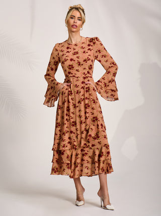 Long Sleeve Frill Chiffon Midaxi Dress Coral Floral