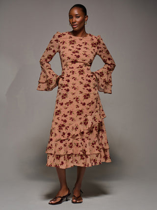 Long Sleeve Frill Chiffon Midaxi Dress Coral Floral