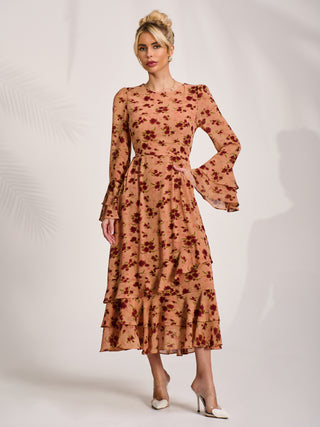 Long Sleeve Frill Chiffon Midaxi Dress Coral Floral