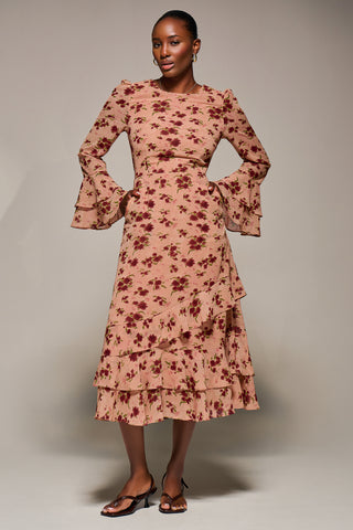 Long Sleeve Frill Chiffon Midaxi Dress Coral Floral