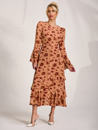 Long Sleeve Frill Chiffon Midaxi Dress Coral Floral