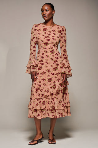 Long Sleeve Frill Chiffon Midaxi Dress Coral Floral