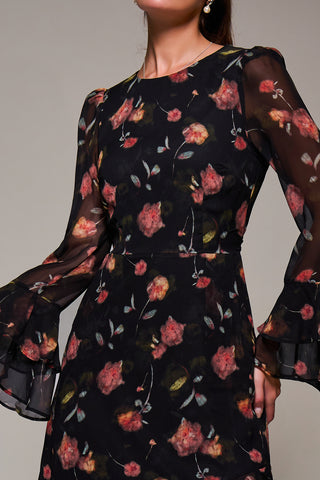 Long Sleeve Frill Chiffon Midaxi Dress, Floral Abstract