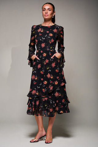 Long Sleeve Frill Chiffon Midaxi Dress, Floral Abstract