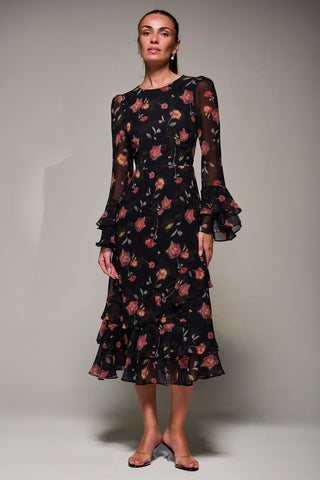 Long Sleeve Frill Chiffon Midaxi Dress, Floral Abstract