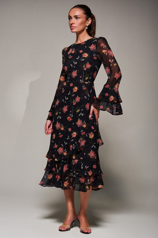Long Sleeve Frill Chiffon Midaxi Dress, Floral Abstract