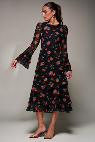 Long Sleeve Frill Chiffon Midaxi Dress, Floral Abstract