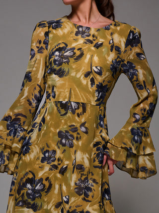 Long Sleeve Frill Chiffon Midaxi Dress Yellow Floral