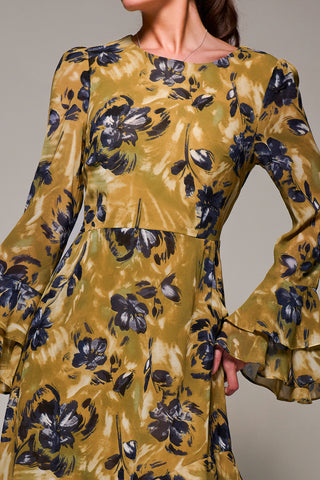 Long Sleeve Frill Chiffon Midaxi Dress Yellow Floral