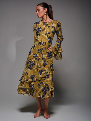 Long Sleeve Frill Chiffon Midaxi Dress Yellow Floral