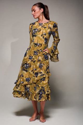Long Sleeve Frill Chiffon Midaxi Dress Yellow Floral